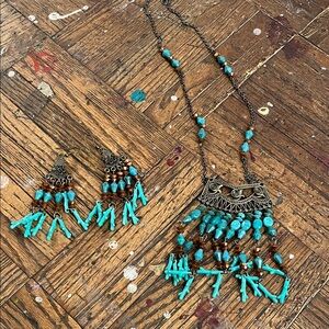 Turquoise Bead Fringe Necklace and Earring Set - Women Jewelry